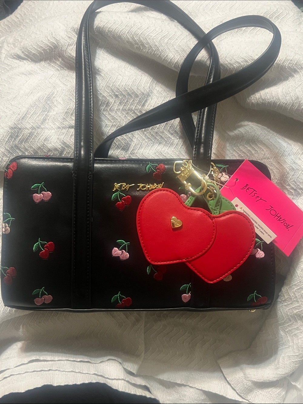 Betsey Johnson Black Shoulder Bag with Red Heart Charm & Cherry Embroidery